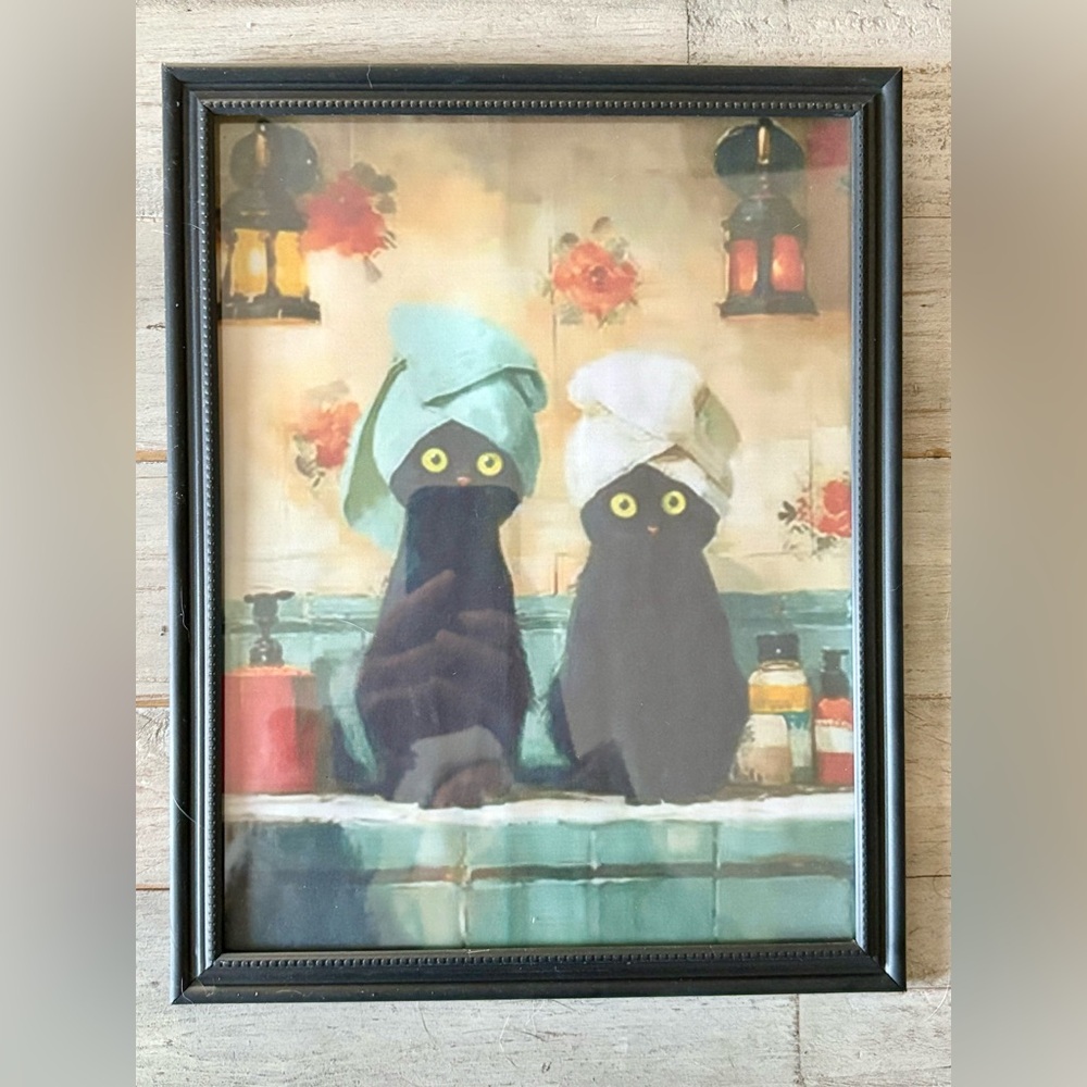 Fun Black Cats in Bath framed 8x10 print, Whimsical Cat Print